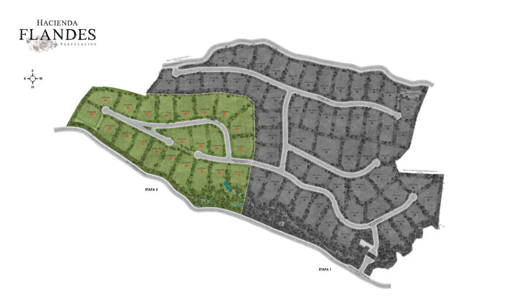 Plano de la etapa 2 de Hacienda Flandes con ubicación de lotes y vías de acceso